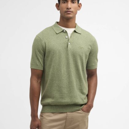 BARBOUR Muston Linen-Blend Knitted Polo LAUREL GREEN