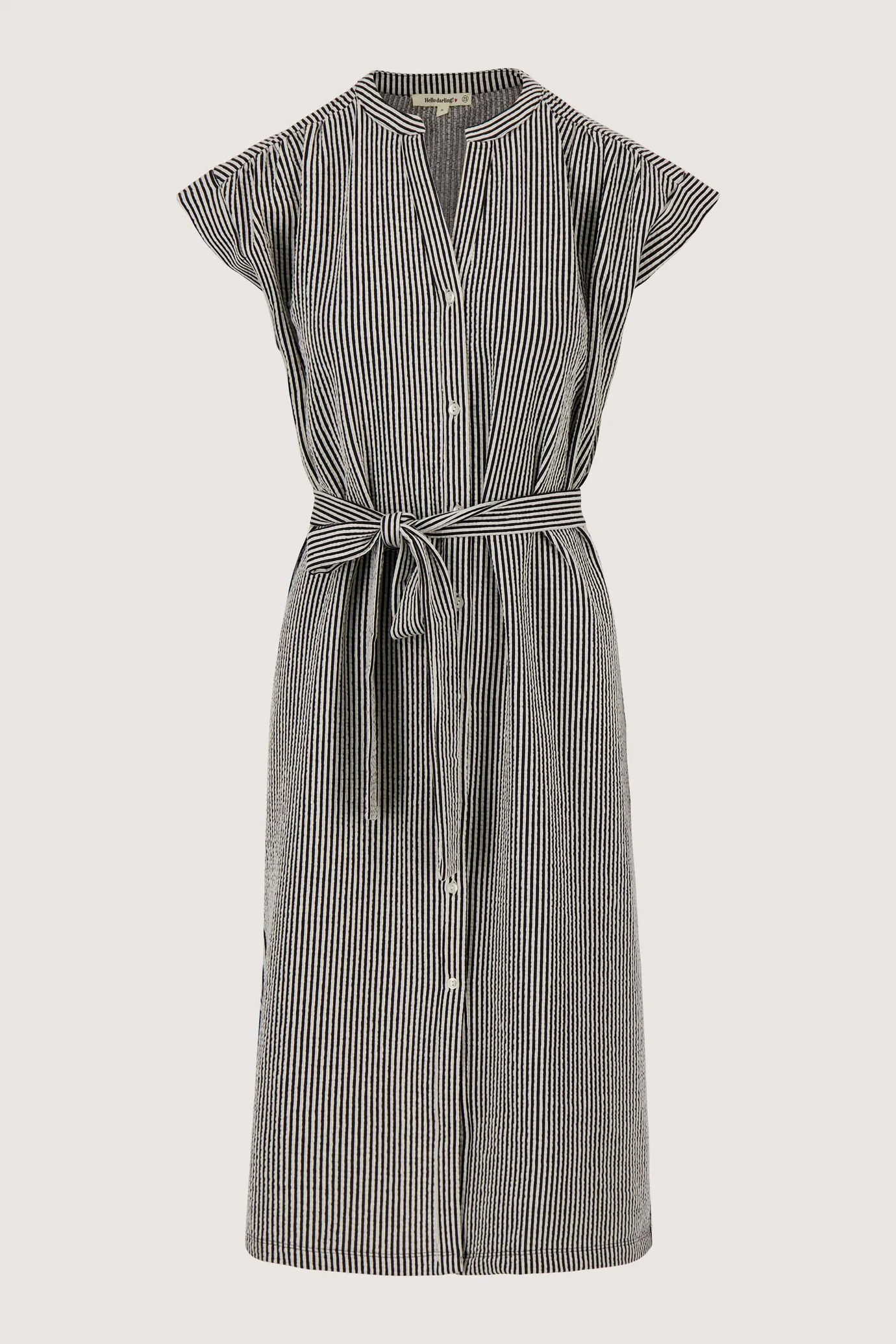 Zuss - Gestreepte Doorknoopjurk Korte Mouw - Off White / Zwart