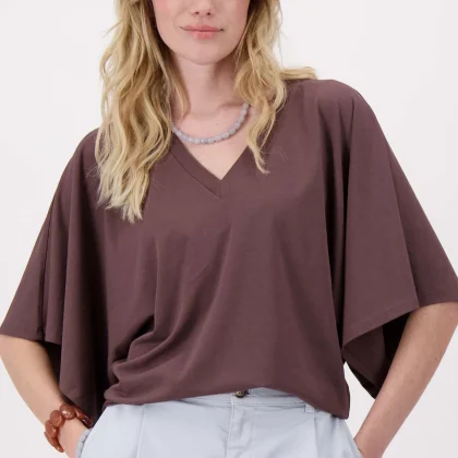 ZUSSS  V hals T-shirt wijde mouw met Zusss embroidery - BROWN